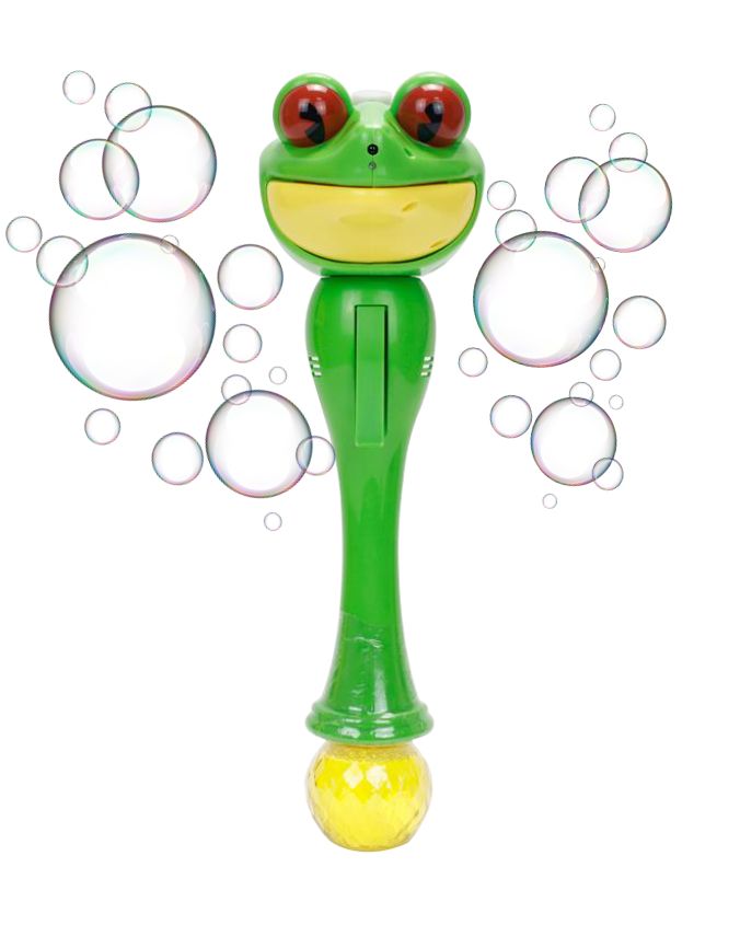 Green frog-shaped bubble wand with bubbles on a white background