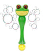 Green frog-shaped bubble wand with bubbles on a white background