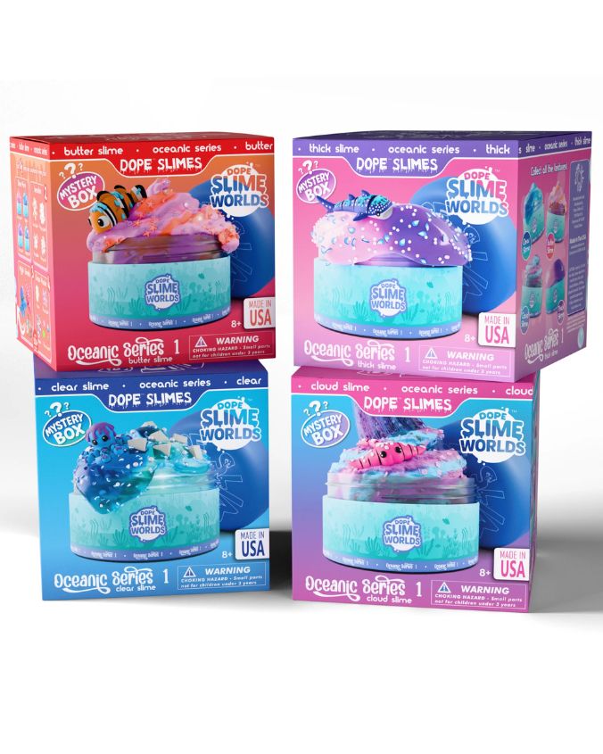 Collection of Slime Worlds packaging on a white background