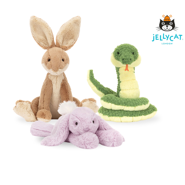 Three colorful plush toys: a brown bunny, a green and yellow snake, and a lavender bunny, all from Jellycat London.