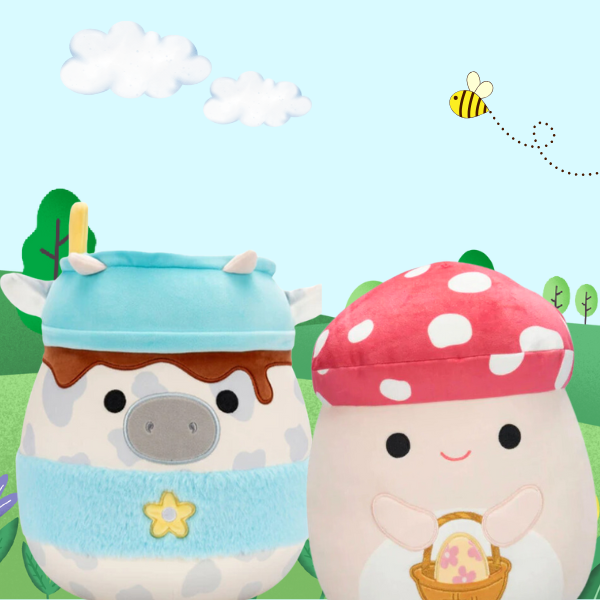 Two cute plush characters: a cow with a blue hat and a mushroom with a red polka-dot hat, set against a colorful, nature-inspired background.