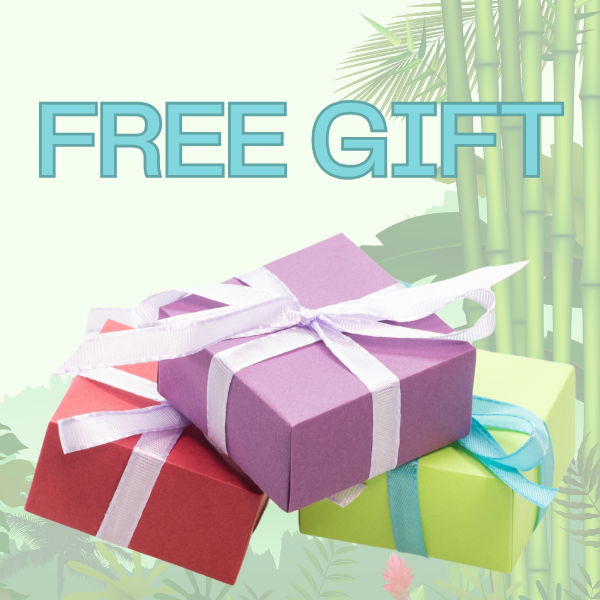 Three colorful gift boxes with ribbons against a soft green background, accompanied by the text "FREE GIFT".