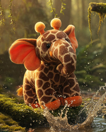 Plush giraffephant toy standing in water with a forest background


