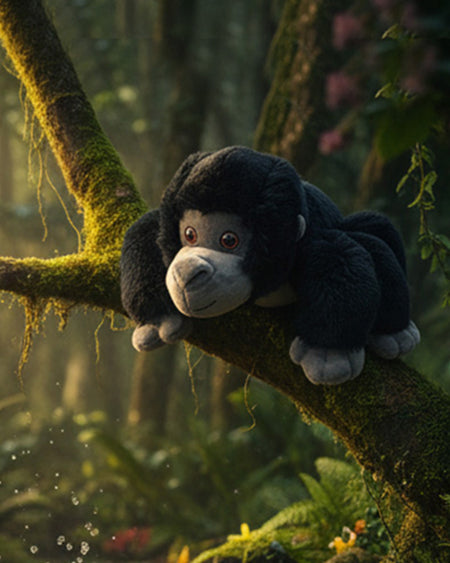 Plush gorantula toy on a branch in a forest setting

