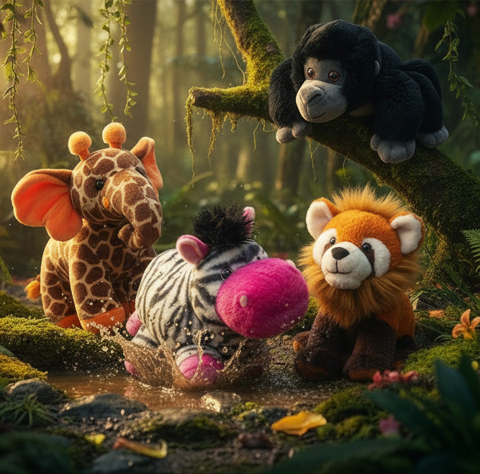 Toy animals in a forest setting with a monkey on a branch.