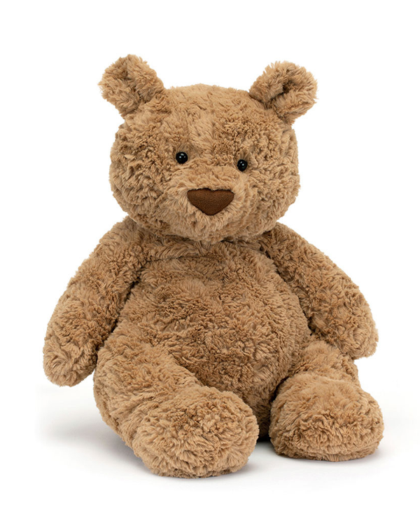 A frontal view of a light brown fluffy teddy bear with black eyes and a brown nose, sitting upright with its legs spread out in front.
