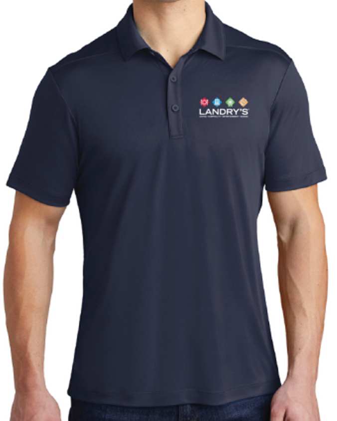 A torso-only view of a model wearing a navy-blue polo with the "Landry's" logo and a colorful row of diamond labels above it. The background is plain white.