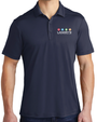 A torso-only view of a model wearing a navy-blue polo with the "Landry's" logo and a colorful row of diamond labels above it. The background is plain white.