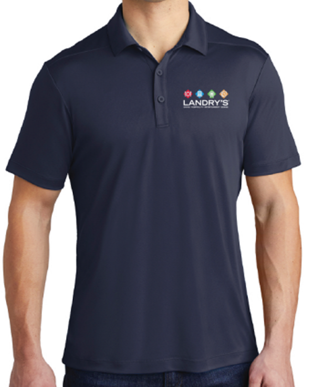 A torso-only view of a model wearing a navy-blue polo with the "Landry's" logo and a colorful row of diamond labels above it. The background is plain white.