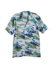 A colorful short-sleeve Hawaiian shirt featuring tropical palm trees, sailboats, and island scene patterns. The background is plain white.