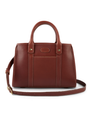 A sleek brown leather handbag with sturdy handles, detailed stitching, and metallic accents, presented against a clean white background, exuding sophistication and style.
