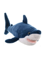 A soft plush toy shark with a deep blue top and white underside, featuring prominent black eyes, a wide smile with pink gums and white teeth, and fins on both sides. The background is plain white, accentuating the toy’s vibrant colors and friendly features.