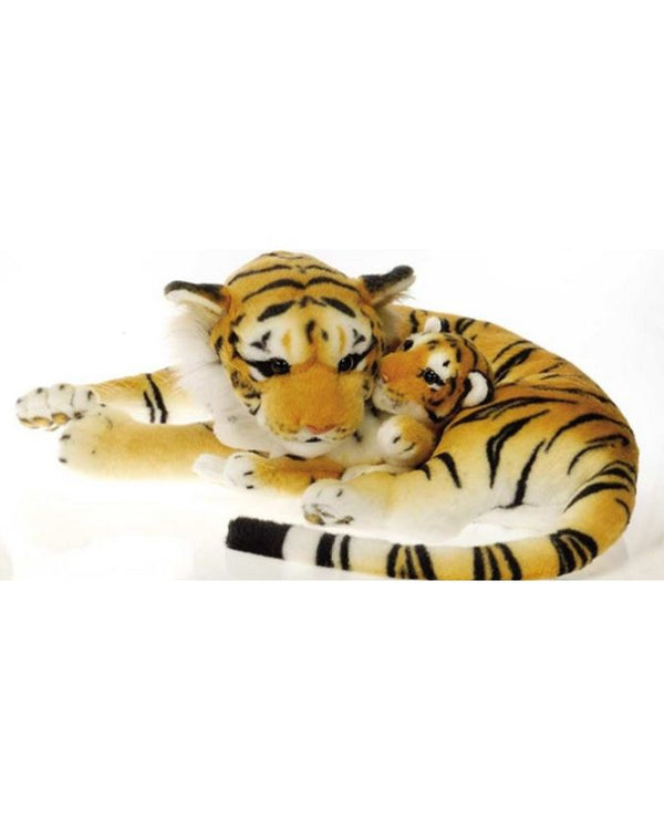 Plush tiger toy lying on a white background