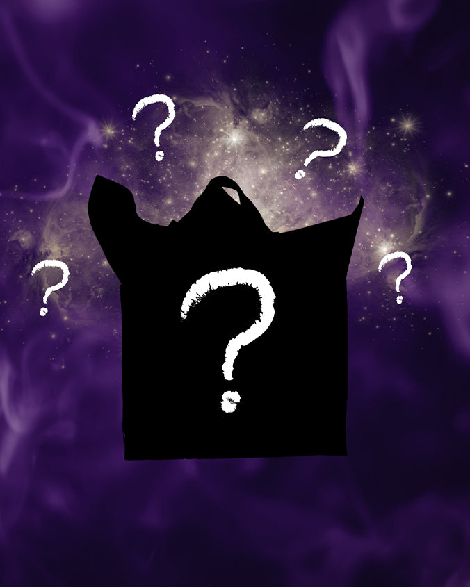 A silhouette of a mysterious figure against a cosmic purple background filled with stars. The figure is shrouded in darkness, with question marks surrounding it, suggesting an enigmatic or unknown entity.