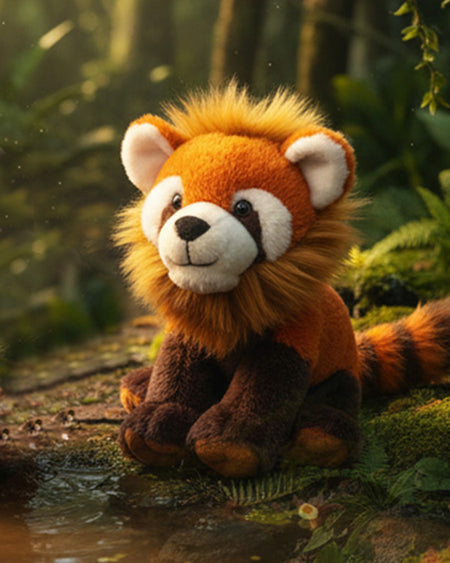 Plush toy red pandion  in a natural setting with greenery

