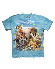 A blue t-shirt with a design featuring a selfie shot of multiple animals of the Savanna with cute funny faces against a sunny sky. The background is plain white.