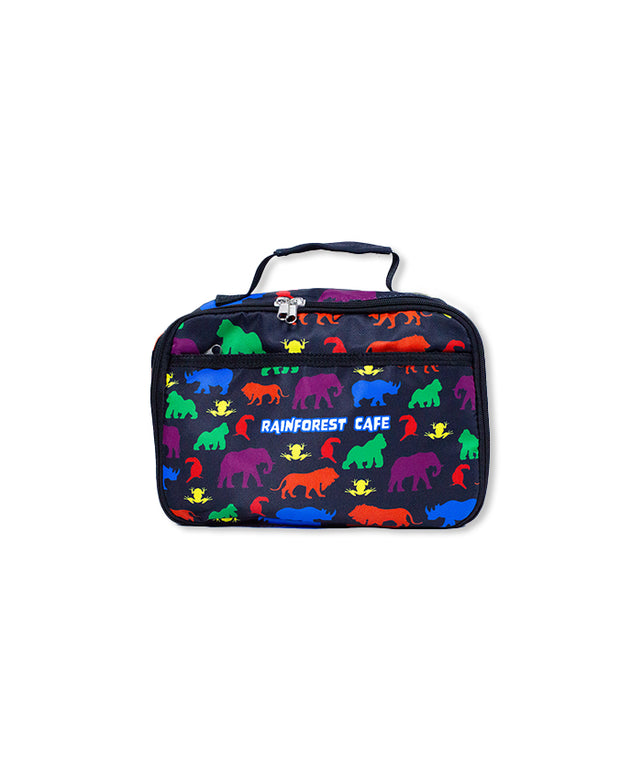 Front view of a colorful children’s lunch bag with a black background and a pattern of various dinosaurs in multiple colors such as purple, red, green, and blue. The bag has a zip closure and a handle on top for easy carrying. Rainforest Cafe logo on front pocket.