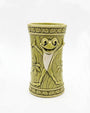 Decorative vase with a smiling face design on a white background