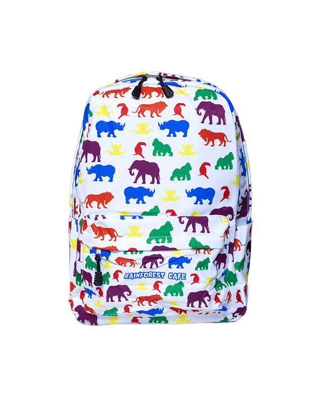 A colorful backpack with a vibrant pattern of multicolored animals on a white background. The backpack has a main compartment and a smaller front pocket, both with zippers. It features the ‘Rainforest Cafe’ logo on the lower part of the front pocket.