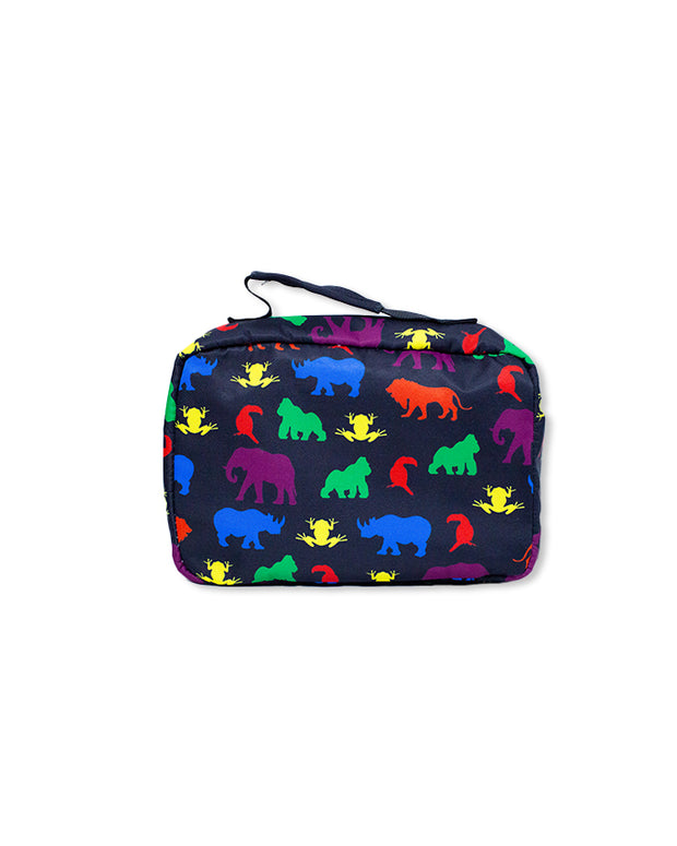 Back view of lunch bag with a black background and a pattern of various dinosaurs in multiple colors such as purple, red, green, and blue. The bag has a zip closure and a handle on top for easy carrying