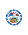 Circular emblem with American flag and cartoon characters on a white background