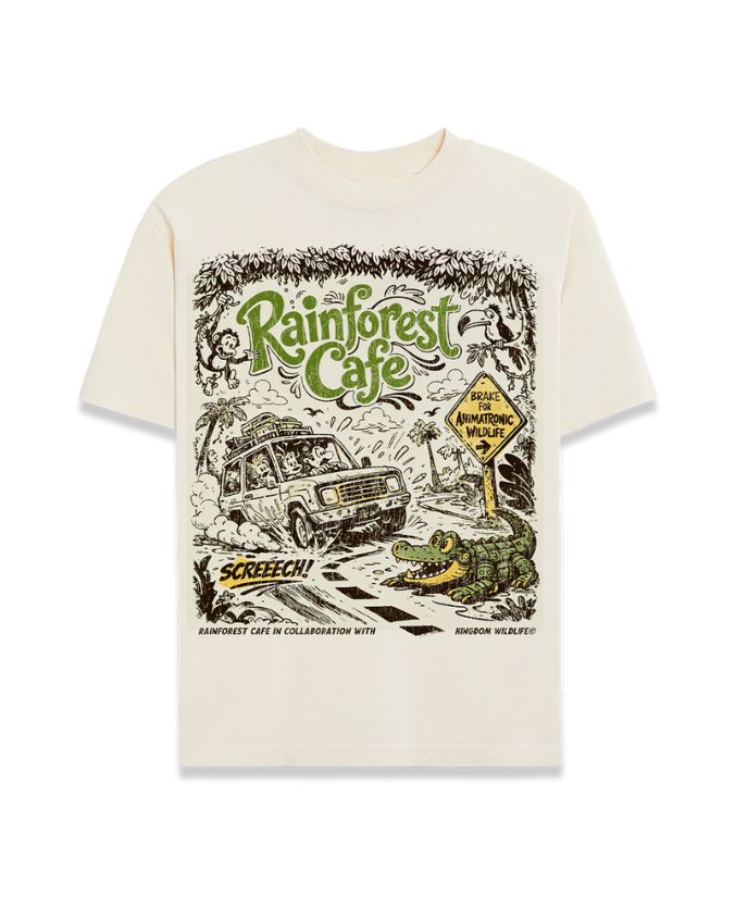 White t-shirt with Rainforest Cafe graphic design featuring a car and alligator on a white background