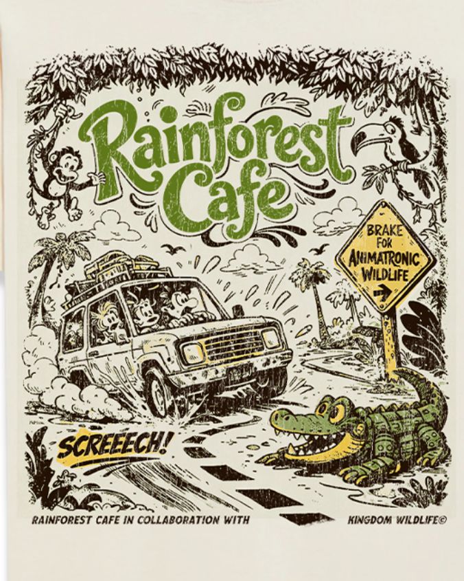 Illustration of a car with animated characters and a crocodile, featuring 'Rainforest Cafe' branding.