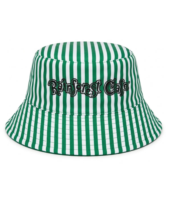 A green and white vertically striped bucket hat with 'Rainforest Cafe' embroidered in black across the front, shown against a plain white background.