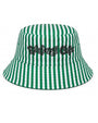 A green and white vertically striped bucket hat with 'Rainforest Cafe' embroidered in black across the front, shown against a plain white background.