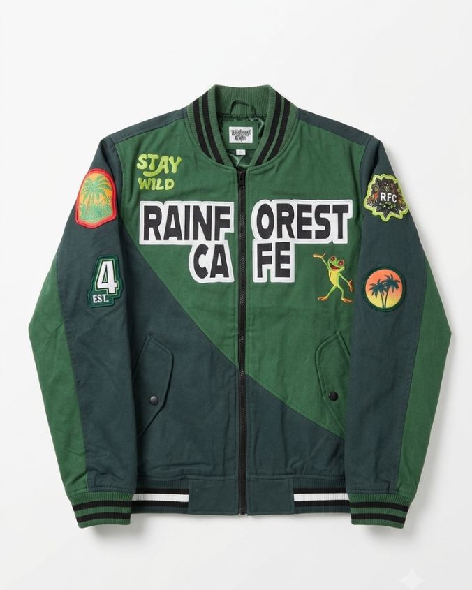 Green and navy jacket with text and patches on a white background