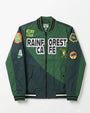 Green and navy jacket with text and patches on a white background