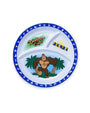 Children's plate with cartoon monkey and palm tree design, featuring Rainforest Cafe branding.