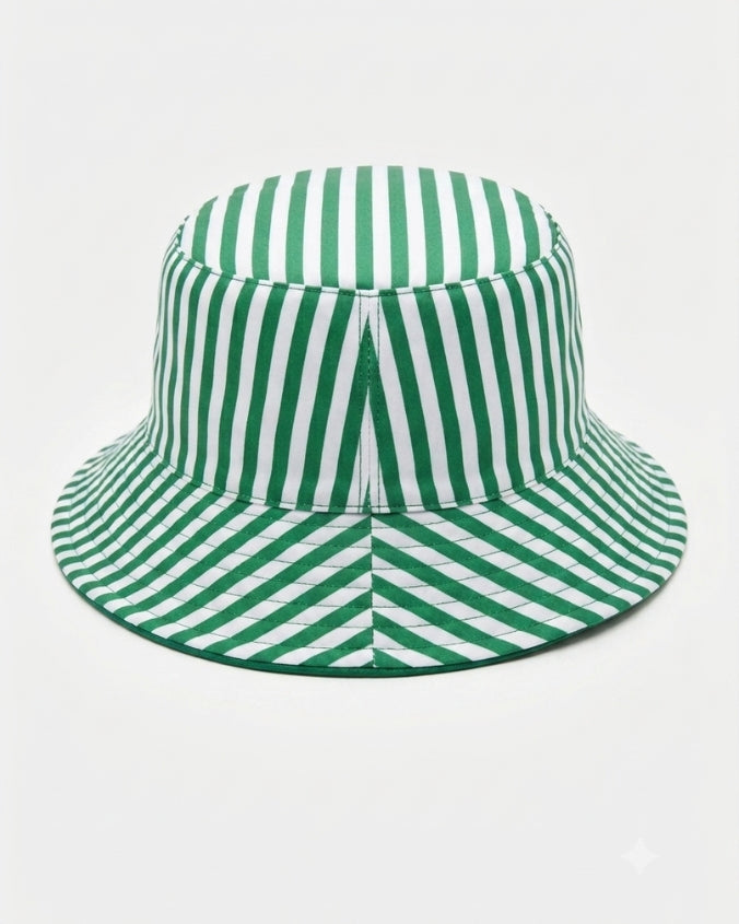 A green and white vertically striped bucket hat shown from the front on a light gray background.