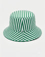A green and white vertically striped bucket hat shown from the front on a light gray background.