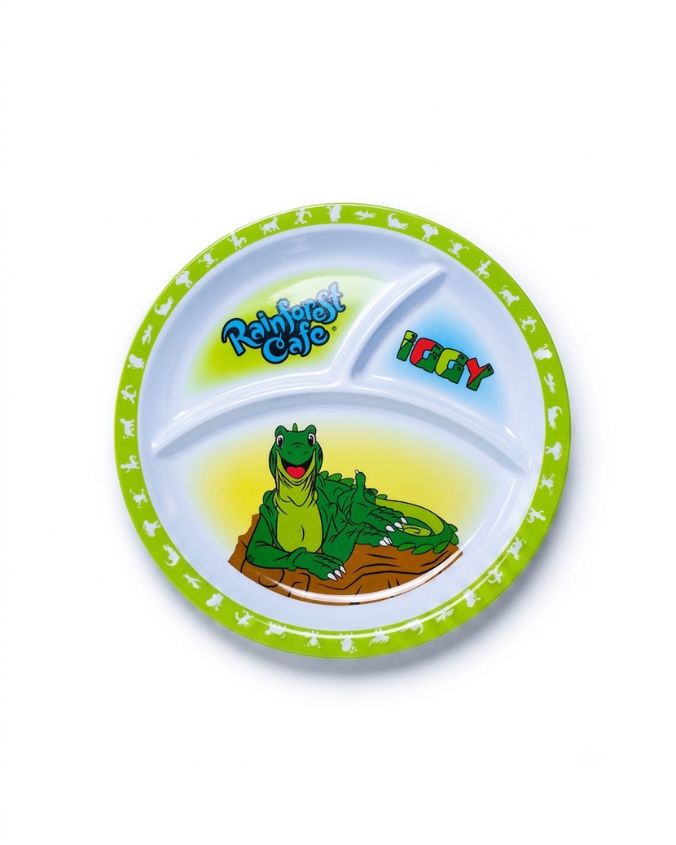 Children's plate with a Rainforest Cafe character iguana design on a white background