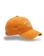 An orange cotton baseball cap with white embroidered text reading 'Rainier Cafe' on the front, shown on a clean white background with a soft drop shadow.