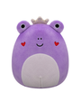 A plush toy resembling a regal purple frog with a smiling face, crowned.