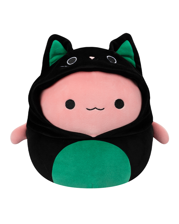 A plush toy resembling Archie the Axolotl, dressed in a black cat costume with green accents, complete with cat ears.