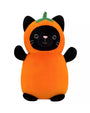 “An orange plush toy with features resembling a cat, including pointed ears and a cat face with eyes, nose, and whiskers. The toy has a green stem on top of its head, suggesting it is designed to look like a pumpkin with cat characteristics.