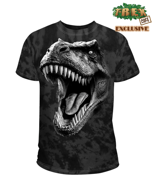 A grey tie-dye crewneck T-shirt with a large graphic of a roaring T-rex face. The background is plain white, with a plant designed logo reading "T-REX CAFE EXCLUSIVE" at the top corner. 