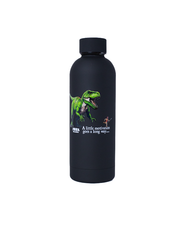 a black insulated water bottle with a playful and motivational design. On the side of the bottle, there’s an illustration of a green Tyrannosaurus rex. Below the dinosaur, a motivational quote says “A little motivation goes a long way.” The T-rex is humorously depicted as chasing a fleeing human figure.