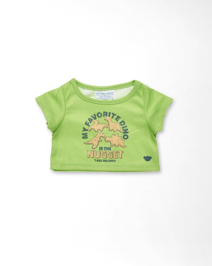 A lime green short-sleeve baby t-shirt with a graphic print of dinosaurs and the text 'MY FAVORITE DINO IS THE NUGGET' on a white background.