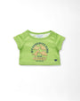 A lime green short-sleeve baby t-shirt with a graphic print of dinosaurs and the text 'MY FAVORITE DINO IS THE NUGGET' on a white background.