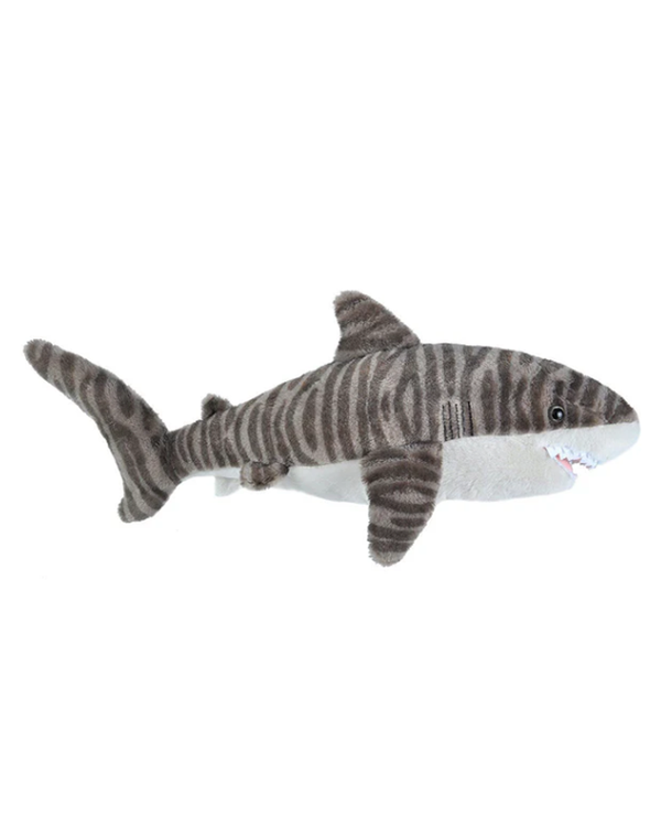A sideview of a plush toy shark with grey stripes. The background is plain white.