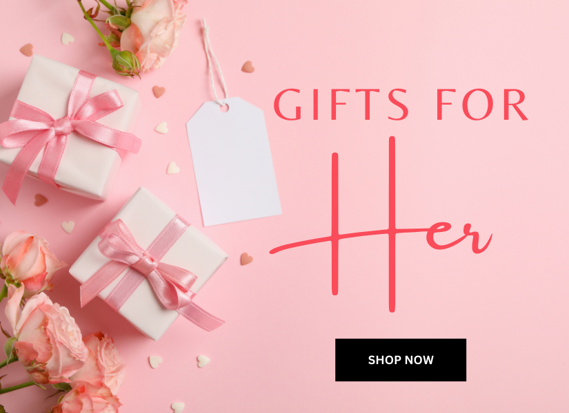 pink background. Pink roses, white gift boxes with pink ribbons, white and pink heart confetti around it. Gifts for Her. Shop Now