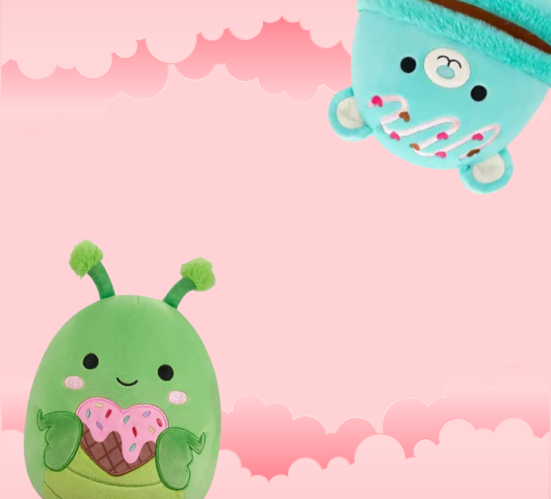 pink background with a round grasshopper plush holding a chocolate waffle shaped as a heart. and a blue bear shaped like a macaron.