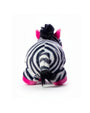 Back of plush zebbo toy with pink hooves on a white background