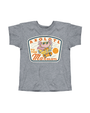 A grey t-shirt featuring a colorful graphic of a cartoon axolotl wearing sunglasses and riding a skateboard, with the text ‘AXOLOTL TO THE MaxOLOTL’ surrounding it.