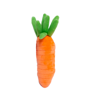 The backside view of an orange carrot plush toy with green leaves on top. The carrot has horizontal seams across it resembling ridges.