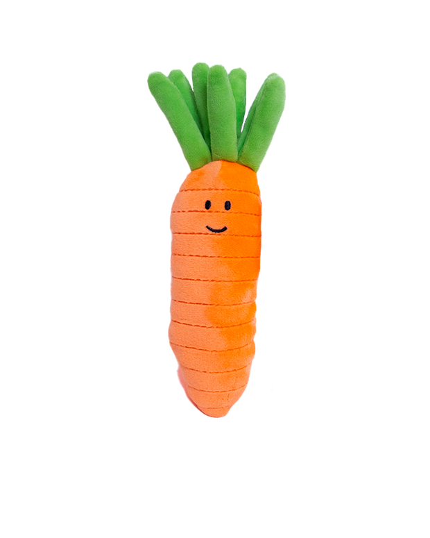 An orange carrot plush toy with a smiley face and horizontal seams, standing upright in front of a white background.